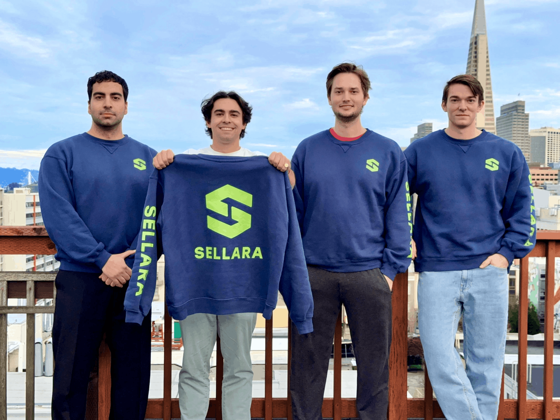 Sellara founders with Sellara crewnecks in San Francisco